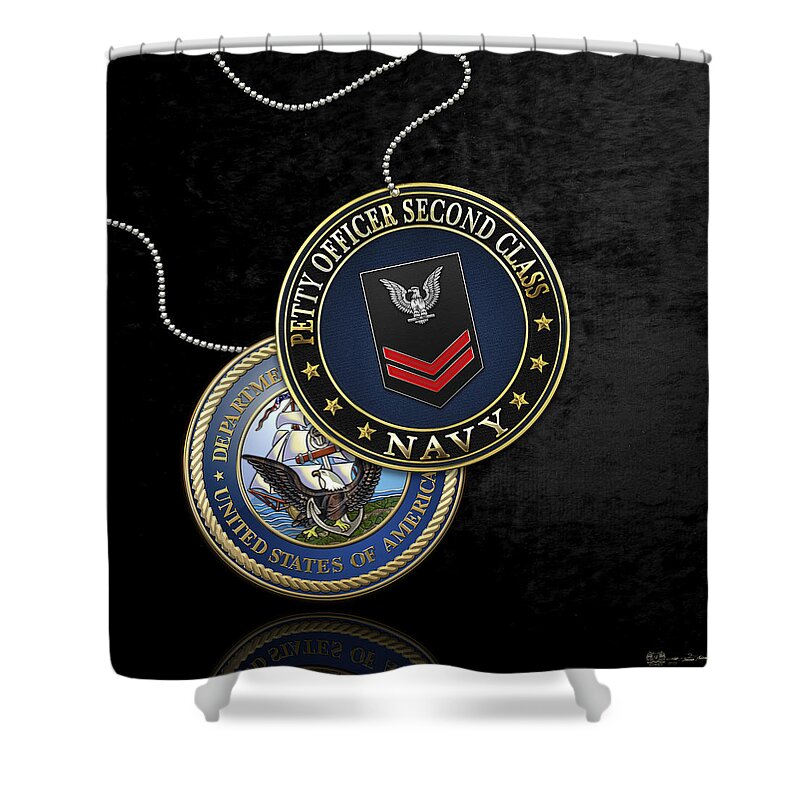 Military Insignia 3d By Serge Averbukh Shower Curtain featuring the digital art U.S. Navy Petty Officer Second Class - PO2 Rank Insignia over Black Velvet by Serge Averbukh