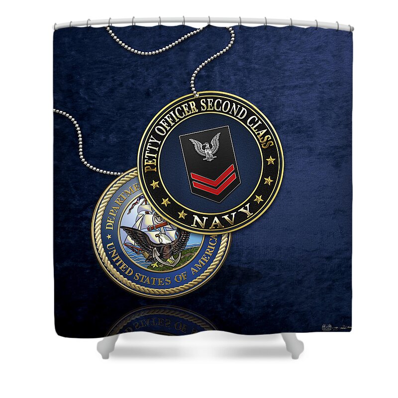 Military Insignia 3d By Serge Averbukh Shower Curtain featuring the digital art U.S. Navy Petty Officer Second Class - PO2 Rank Insignia over Blue Velvet by Serge Averbukh