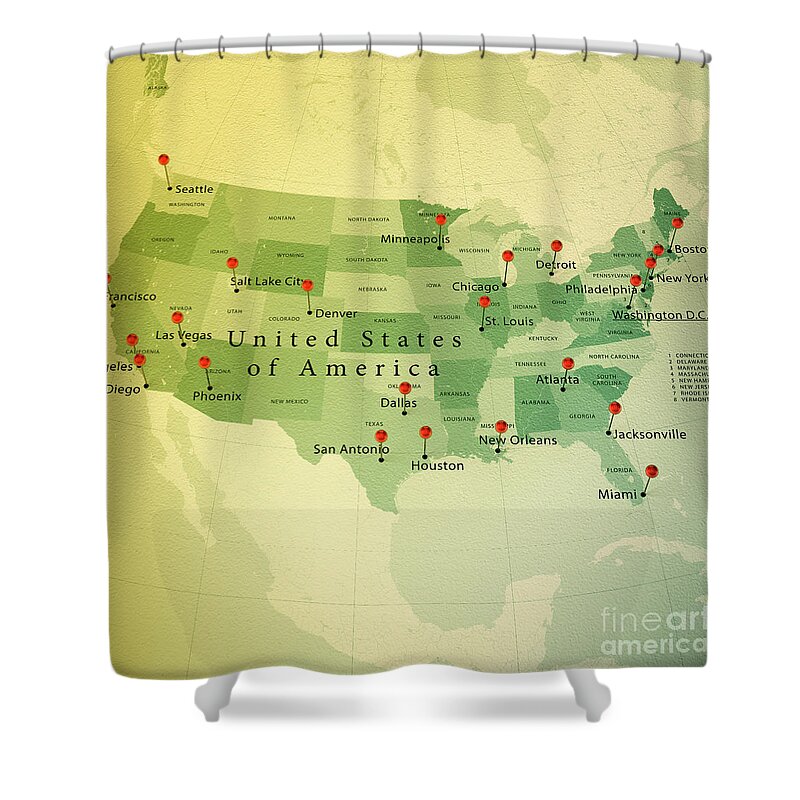 Cartography Shower Curtain featuring the digital art USA Map Square Cities Straight Pin Vintage by Frank Ramspott