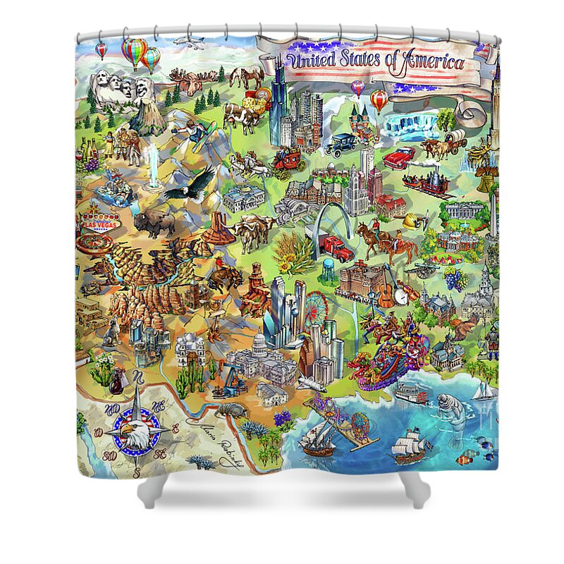 Los Angeles Shower Curtain featuring the painting USA Wonders Map Illustration by Maria Rabinky