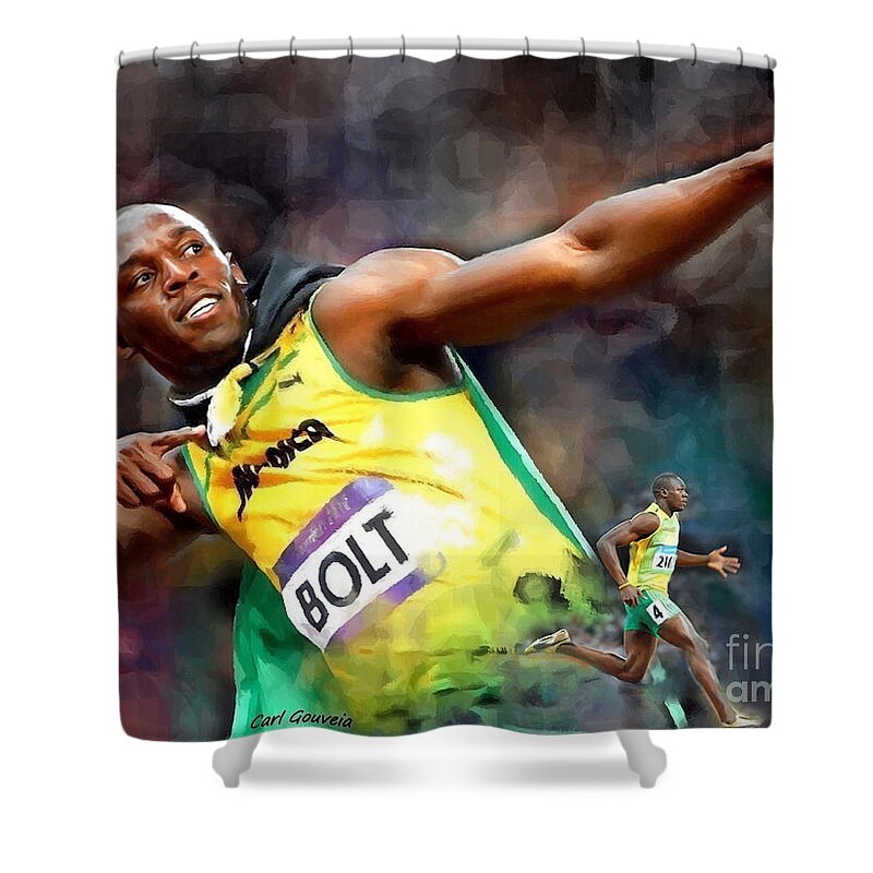 Usain Shower Curtain featuring the painting Usain Bolt by Carl Gouveia