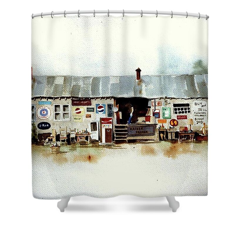 Watercolor Rendering Of Roadside Used Furniture Store. Shower Curtain featuring the painting Used Furniture by William Renzulli