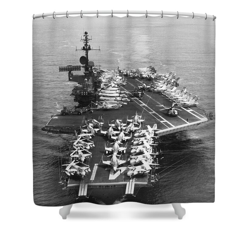1970s Shower Curtain featuring the photograph USS MIdway Leaves SF by Underwood Archives