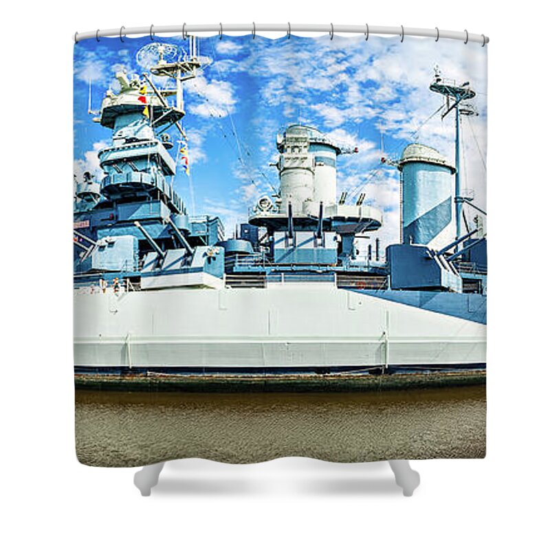 Wilmington Shower Curtain featuring the photograph USS North Carolina panorama by Alex Grichenko