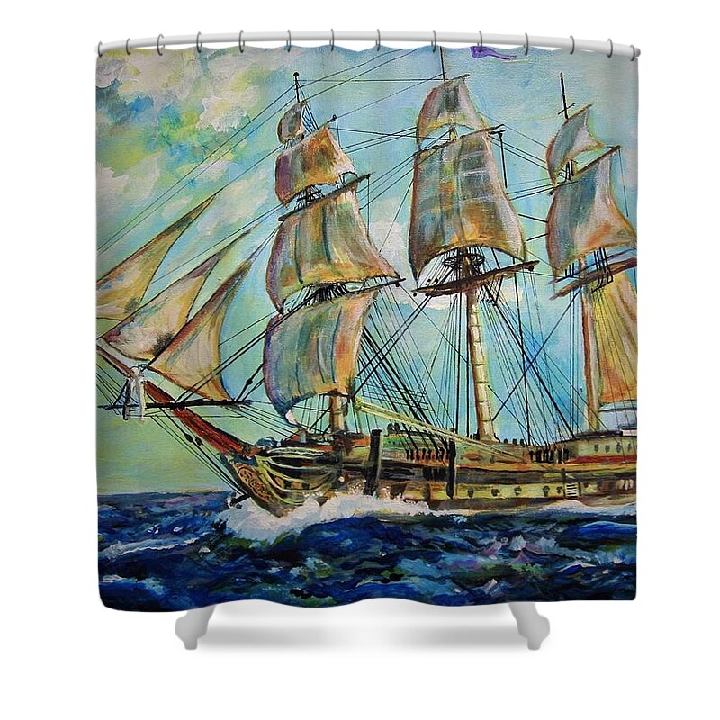 Sailing Ships Shower Curtain featuring the painting USS United States by Mike Benton