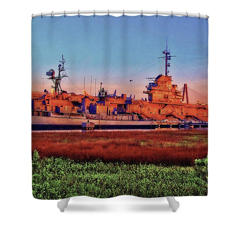 Early Morning Sunrise Shower Curtain featuring the painting Uss York Town by Virginia Bond