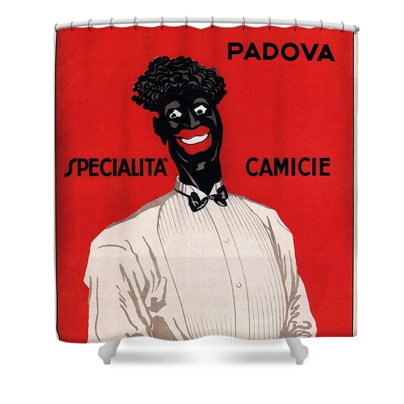 V Bonaldi Shower Curtain featuring the mixed media V Bonaldi, Padova - Specialita Camicie - Vintage Italian Fashion Advertising Poster by Studio Grafiikka