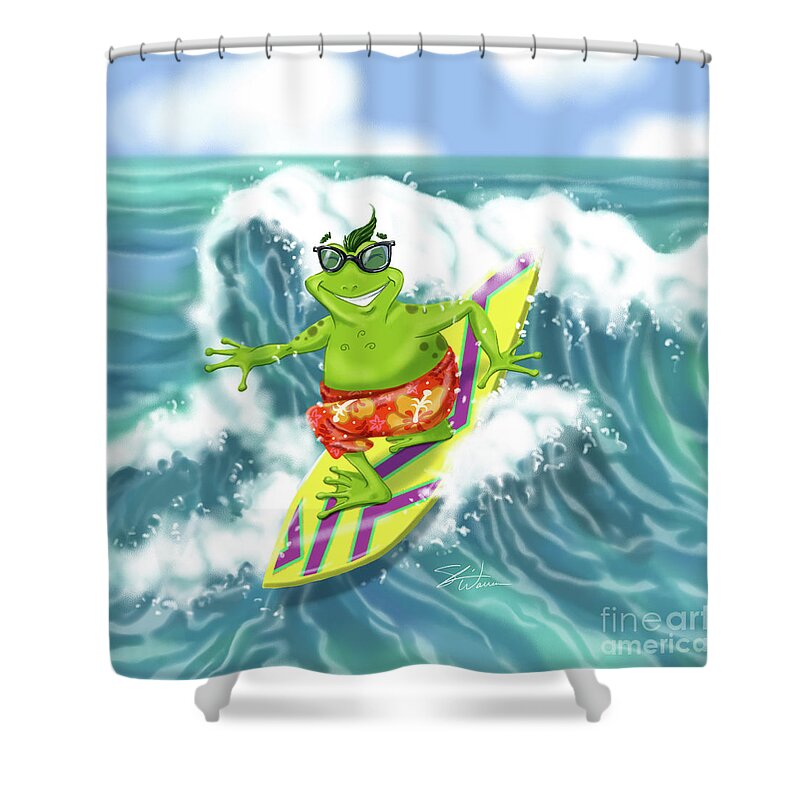 Frogs Shower Curtain featuring the mixed media Vacation Surfing Frog by Shari Warren
