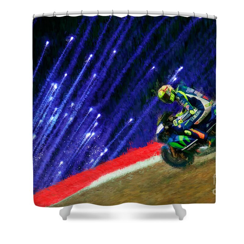 Valentino Rossi Shower Curtain featuring the photograph Valentino Rossi Victory Punch by Blake Richards