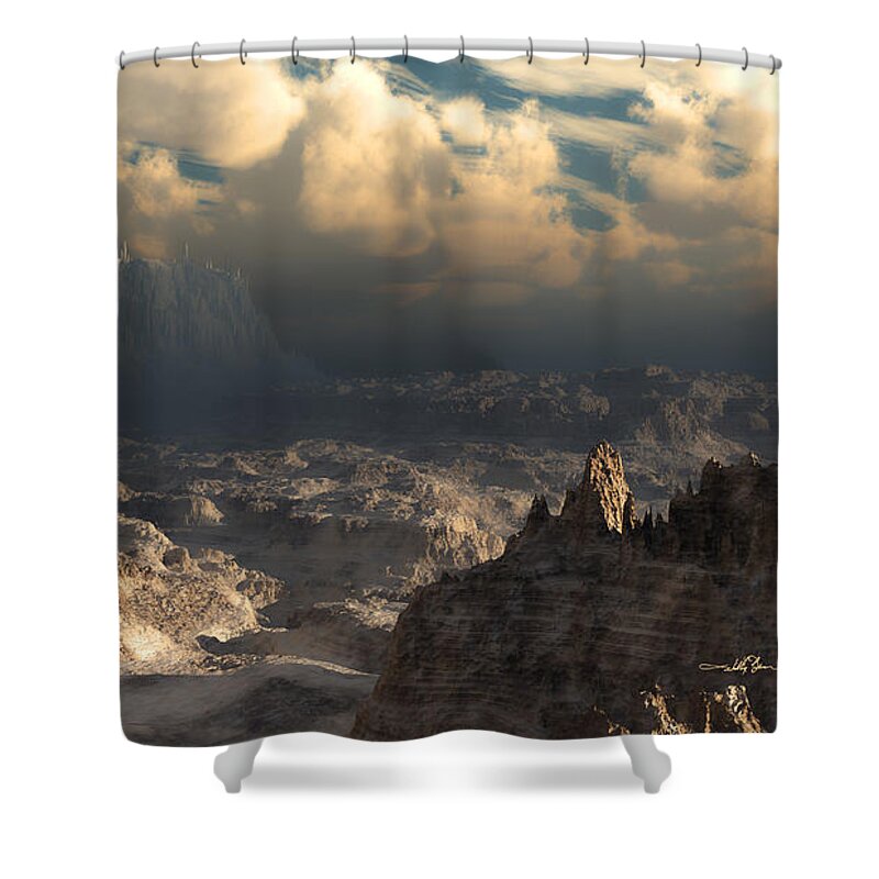 Scenic Shower Curtain featuring the digital art Valley at Dusk by William Ladson
