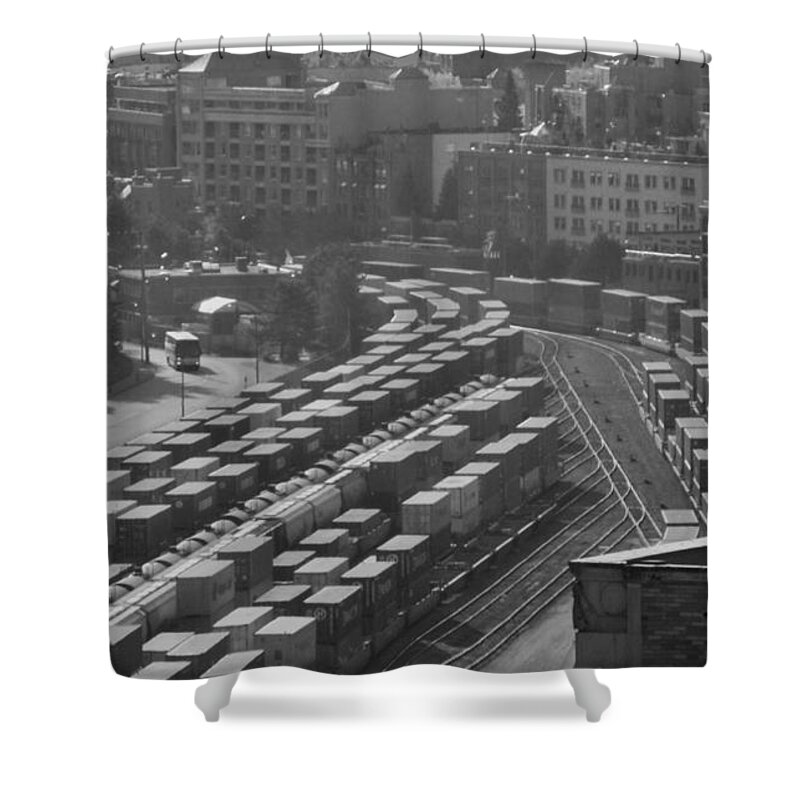 Black And White Railroad Cars Hazy Morning Shower Curtain featuring the photograph Vancouver, BC Series 1-3 by J Doyne Miller