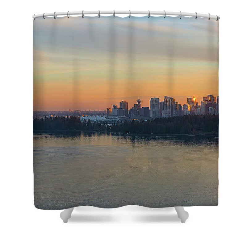 Vancouver Shower Curtain featuring the photograph Vancouver BC Skyline and Stanley Park at Sunset by David Gn