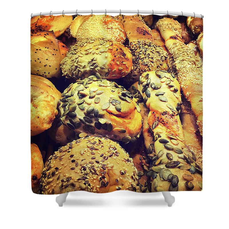 Bread Shower Curtain featuring the photograph Variety of bread a bakery by GoodMood Art