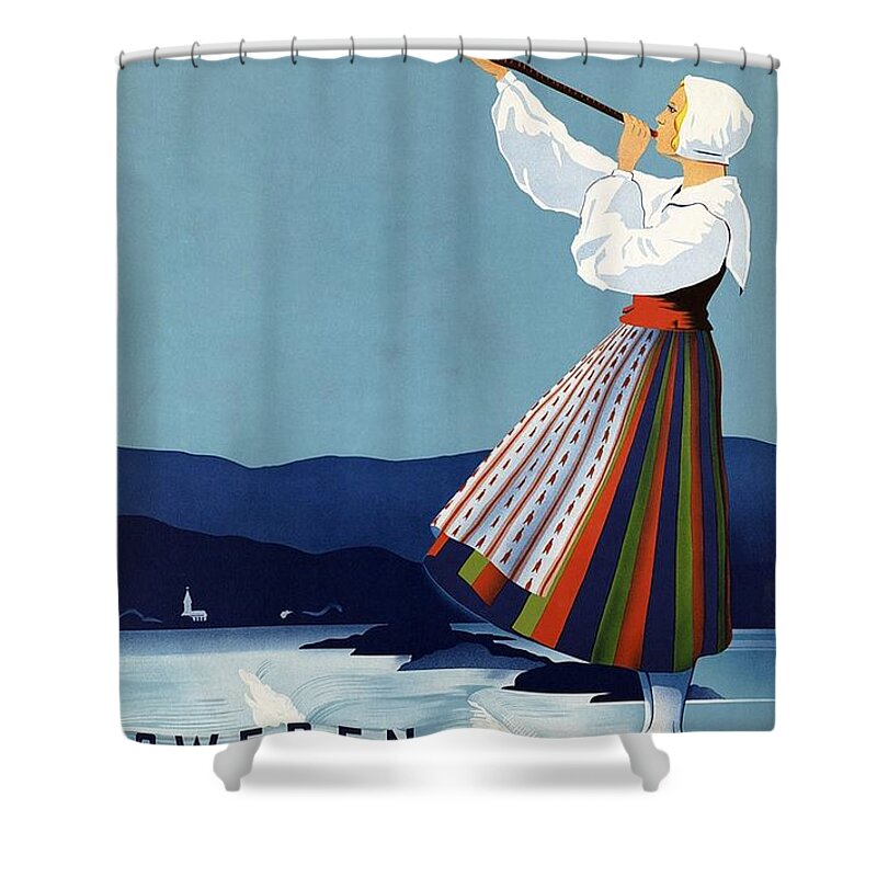 Varmland Shower Curtain featuring the mixed media Varmland, Sweden - Lady in Traditional Dress Blowing Horn - Retro travel Poster - Vintage Poster by Studio Grafiikka
