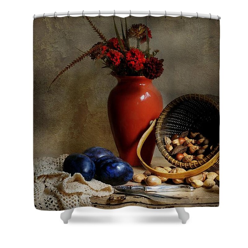 Classic Still Life Shower Curtain featuring the photograph Vase with basket of walnuts by Diana Angstadt