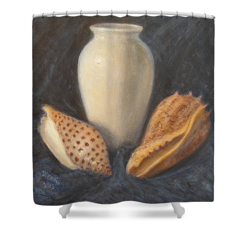 Realism Shower Curtain featuring the painting Vase with Imperial Volute and Junonia by Donelli DiMaria