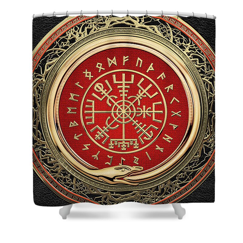 'viking Treasures' By Serge Averbukh Shower Curtain featuring the digital art Vegvisir - A Gold Magic Viking Runic Compass on Black Leather by Serge Averbukh