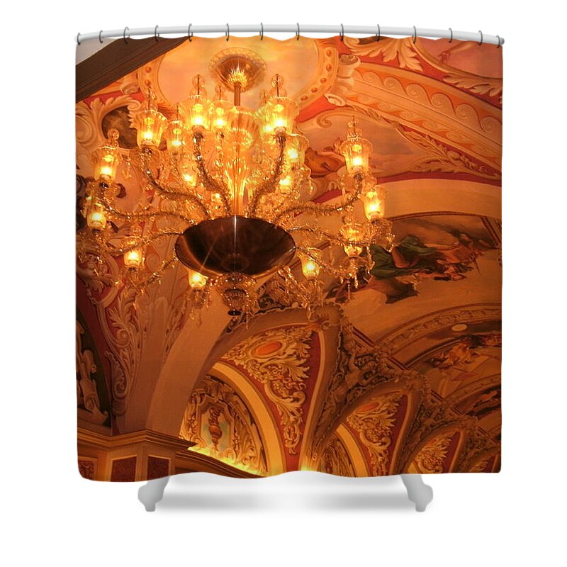 Venetian Las Vegas Ceiling Art Chandeliers Glow Sparkle Italian Art Extravagant Elegant Stunning Art Magnificent Shower Curtain featuring the photograph Venetian Glow by Jacqueline Manos