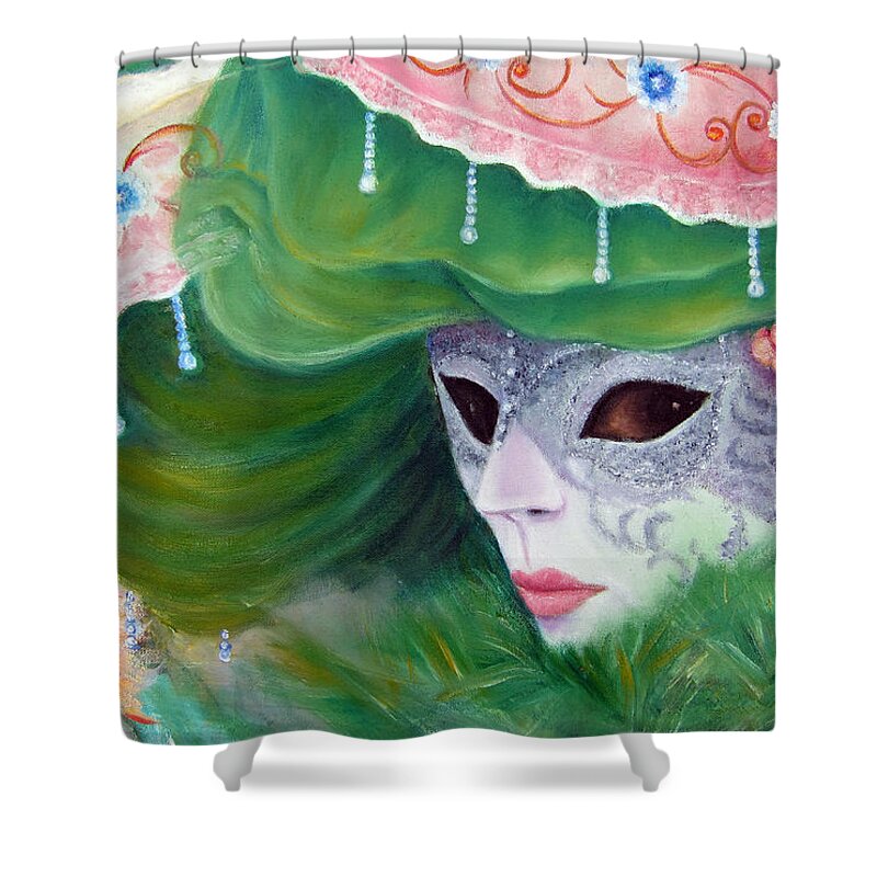 Venice Shower Curtain featuring the painting Venetian Mask in Green by Leonardo Ruggieri