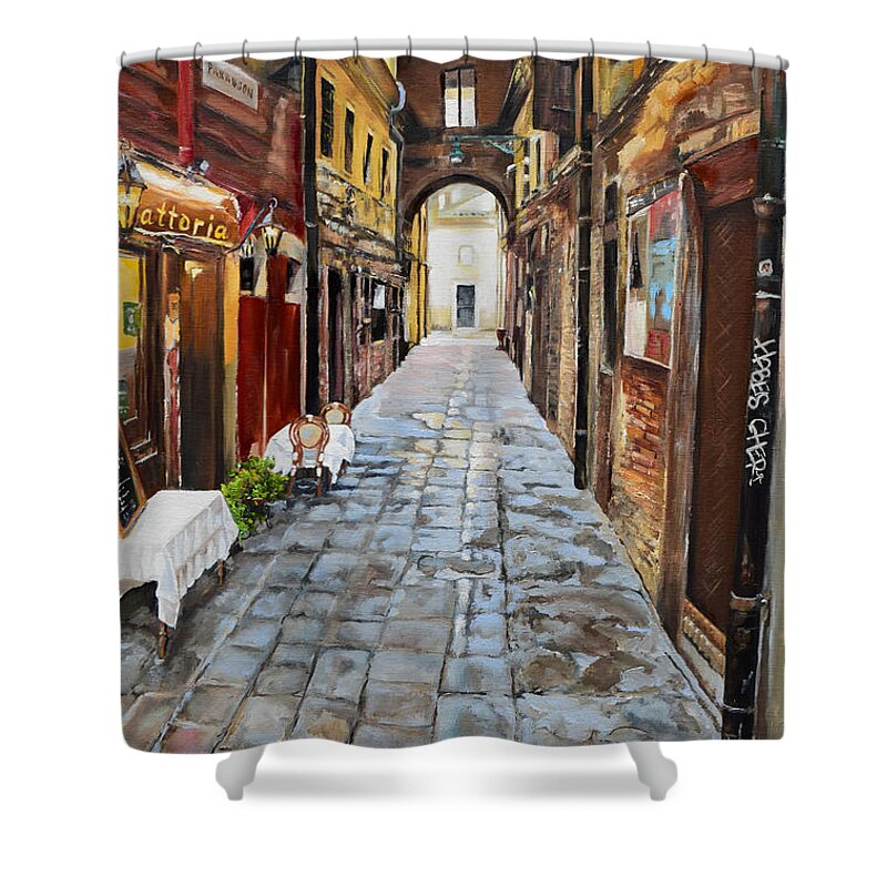 Jan Dappen Shower Curtain featuring the painting Venezia - Alley on Parangon in Venice by Jan Dappen