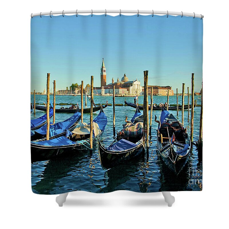 Venetian Gondolas Shower Curtain featuring the photograph Venice gondolas - evening by Maria Rabinky