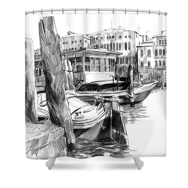 Venice Shower Curtain featuring the drawing Venice Sketches. Vaporetto Jetty by Igor Sakurov