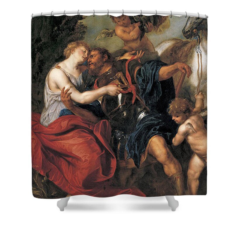 Studio Of Anthony Van Dyck Shower Curtain featuring the painting Venus disarming Mars by Studio of Anthony van Dyck