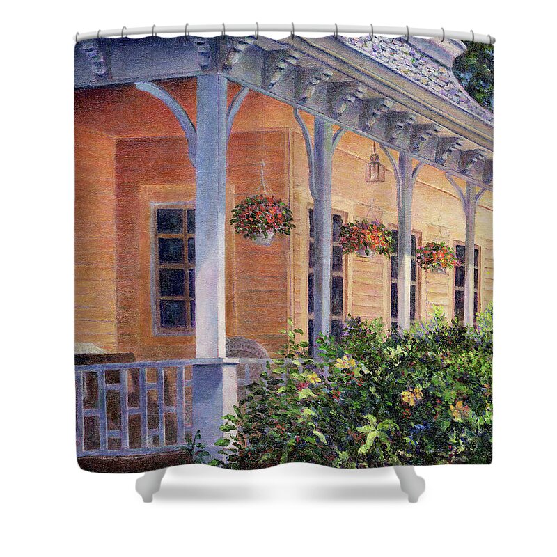 Porch Shower Curtain featuring the painting Veranda by Susan Savad
