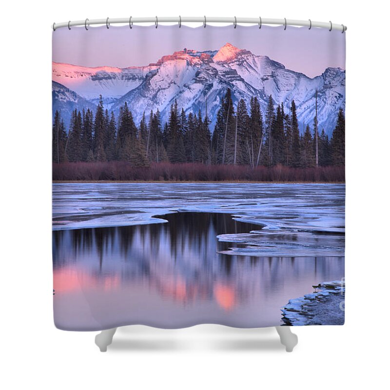 Vermilion Lakes Shower Curtain featuring the photograph Vermilion Lakes Pink Reflections by Adam Jewell