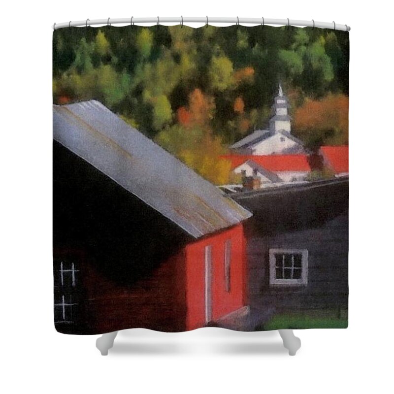 Old Village Shower Curtain featuring the pastel Vermont Again by John Brisson