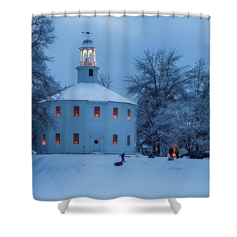 Blue Shower Curtain featuring the photograph Vermont Old Round Church Christmas by Jeff Folger