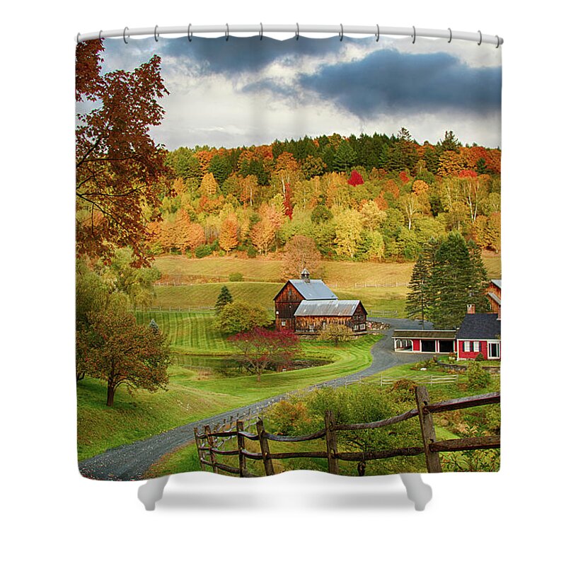 Sleepy Hollow Farm Shower Curtain featuring the photograph Vermont Sleepy Hollow in fall foliage by Jeff Folger