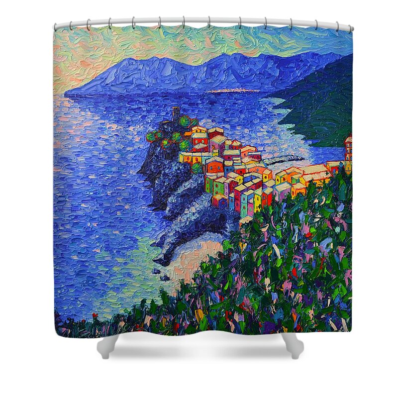 Vernazza Shower Curtain featuring the painting Vernazza Light Cinque Terre Italy Modern Impressionist Palette Knife Oil Painting Ana Maria Edulescu by Ana Maria Edulescu