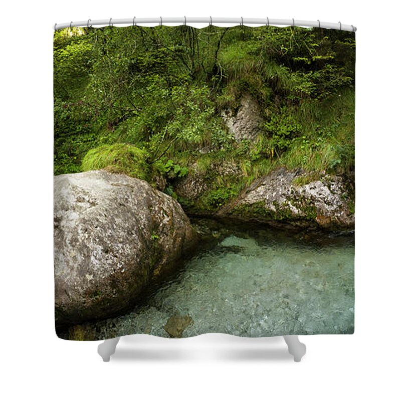 Green Shower Curtain featuring the photograph Vertova waterfalls by Nicola Aristolao