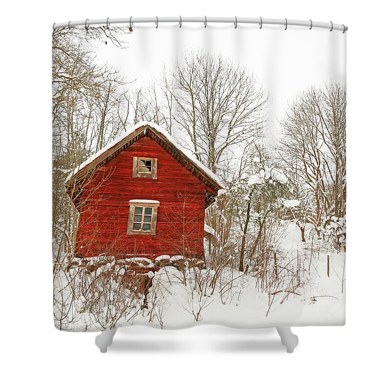 House Shower Curtain featuring the photograph Very old red wooden house in a snowy forest by GoodMood Art