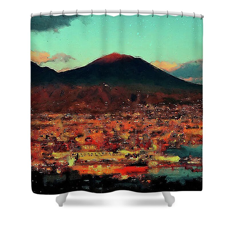 Gulf Of Naples Shower Curtain featuring the painting Vesuvio, panorama from Naples - 01 by AM FineArtPrints