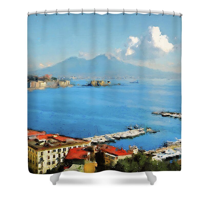 Gulf Of Naples Shower Curtain featuring the painting Vesuvio, panorama from Naples - 02 by AM FineArtPrints