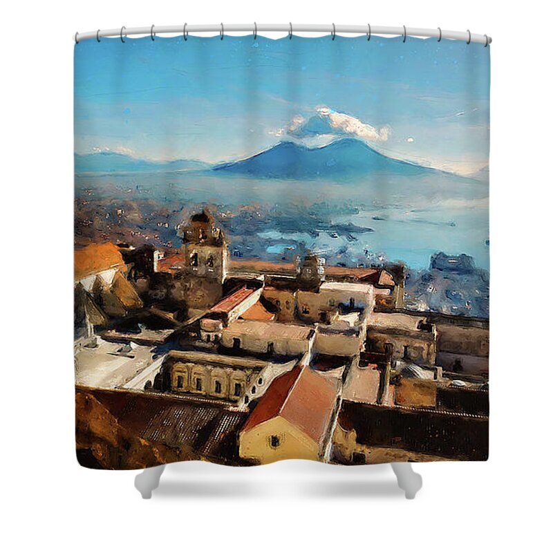 Gulf Of Naples Shower Curtain featuring the painting Vesuvio, panorama from Naples - 03 by AM FineArtPrints