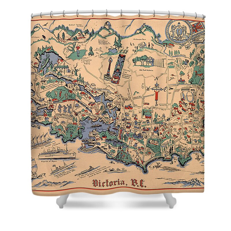 Victoria Shower Curtain featuring the mixed media Victoria, British Columbia - Vintage Illustrated Map - Historical Map - Pictorial Map by Studio Grafiikka