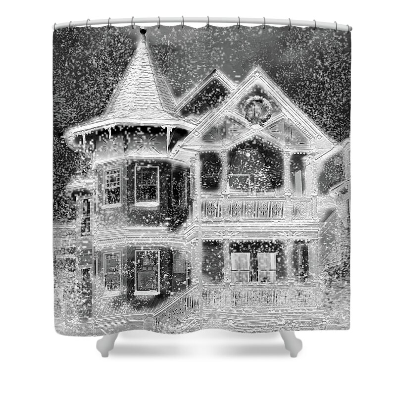 House Shower Curtain featuring the digital art Victorian Christmas black and white by Steve Karol