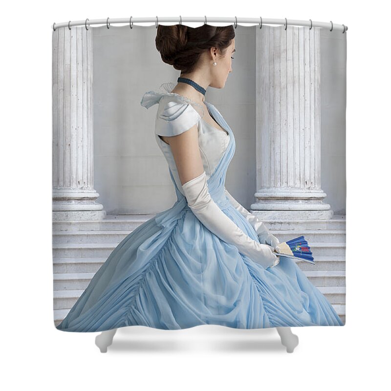Victorian Shower Curtain featuring the photograph Victorian Woman In An 1860's Powder Blue Evening Dress by Lee Avison