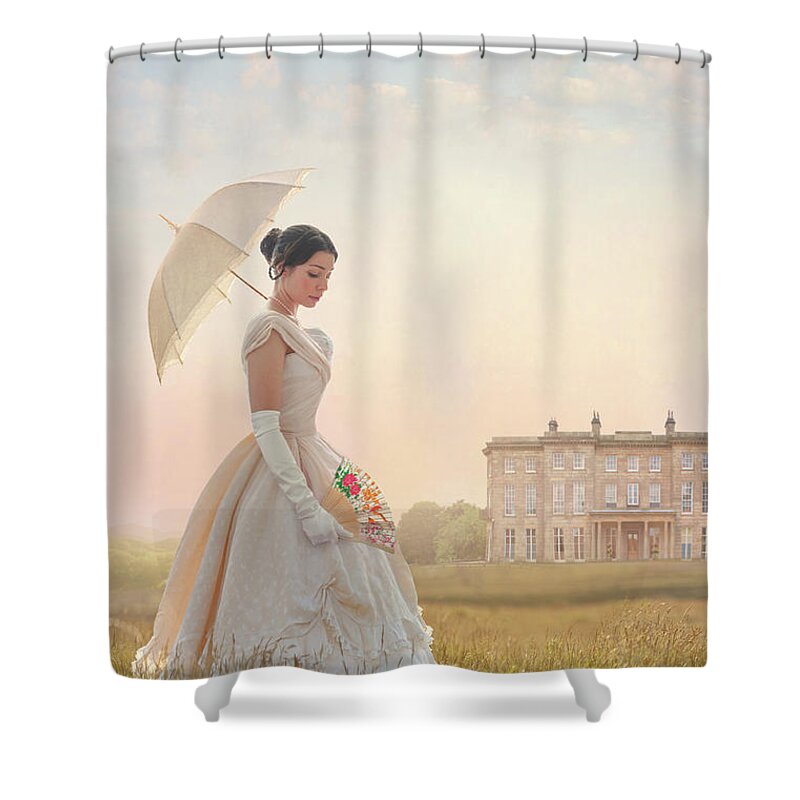 Victorian Shower Curtain featuring the photograph Victorian Woman With Parasol And Fan by Lee Avison