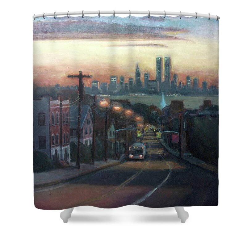 Manhattan Skyline Shower Curtain featuring the painting Victory Boulevard at Dawn by Sarah Yuster