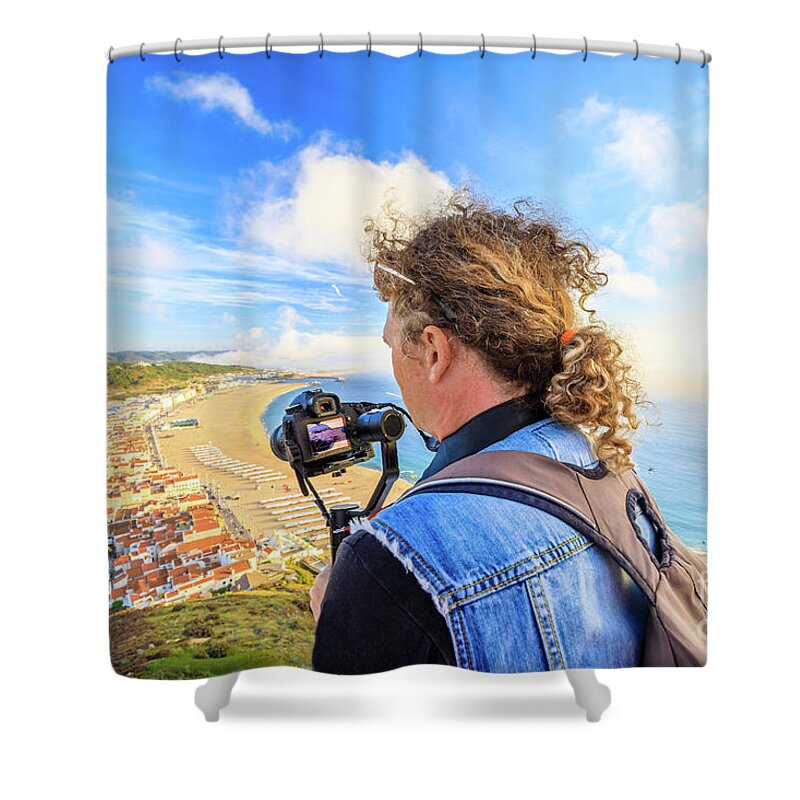 Nazare Portugal Shower Curtain featuring the photograph Video photographer in Portugal by Benny Marty