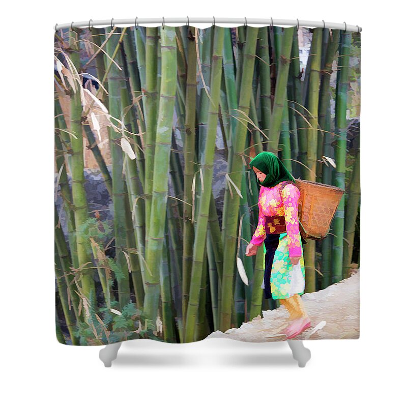 Vietnam Shower Curtain featuring the photograph Vietnamese Woman Basket Back Work by Chuck Kuhn