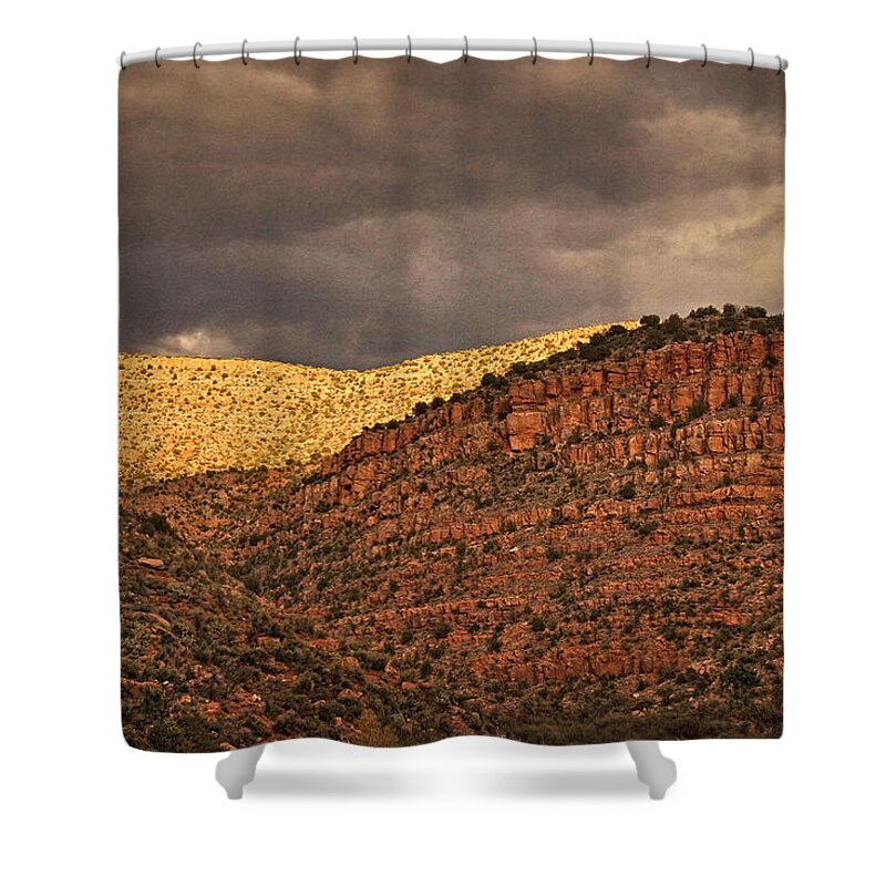Verde Valley Shower Curtain featuring the photograph View from a Train Txt by Theo O'Connor