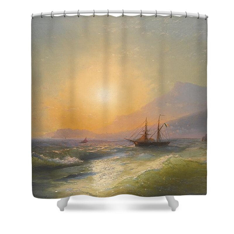 Ivan Konstantinovich Aivazovsky 1817-1900 View From Cap Martin With Monaco In The Distance. Sun Lighting Shower Curtain featuring the painting View From Cap Martin With Monaco In The Distance by MotionAge Designs