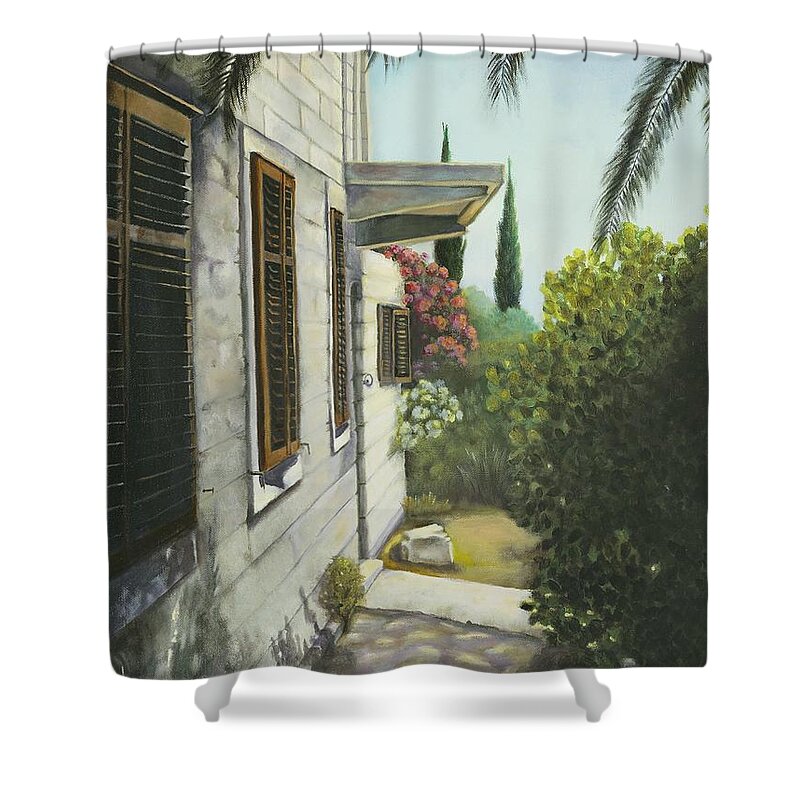 Landscape Shower Curtain featuring the painting View in a Croatian Garden by Marlene Book