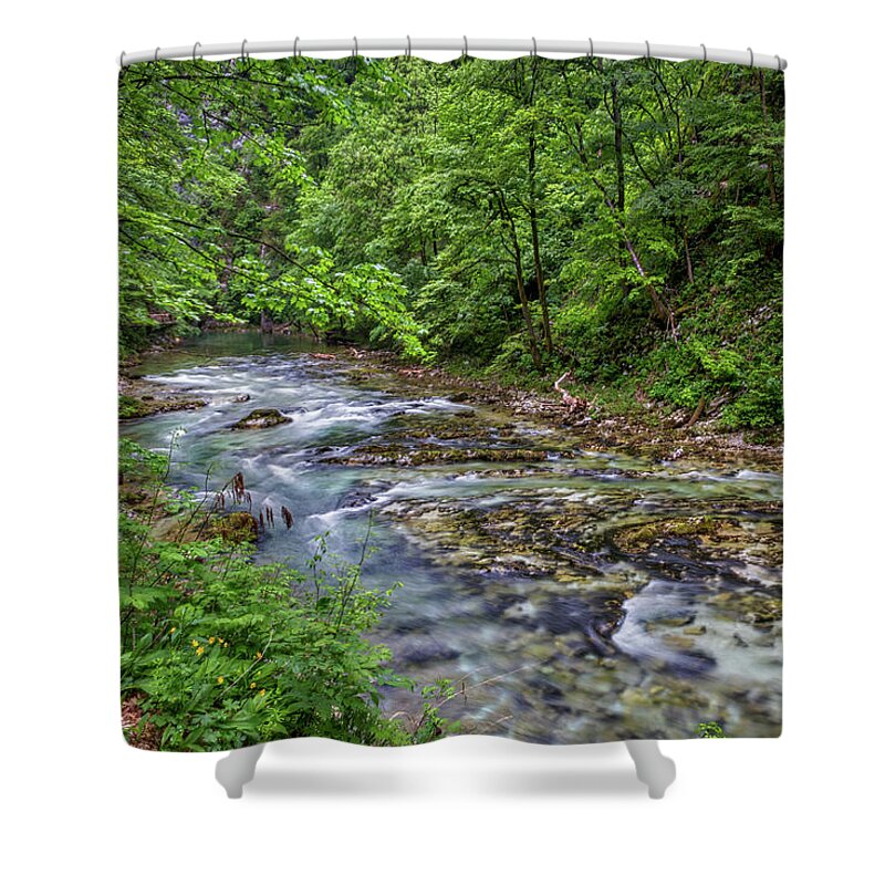 Slovenia Shower Curtain featuring the photograph View in Vintgar Gorge - Slovenia by Stuart Litoff