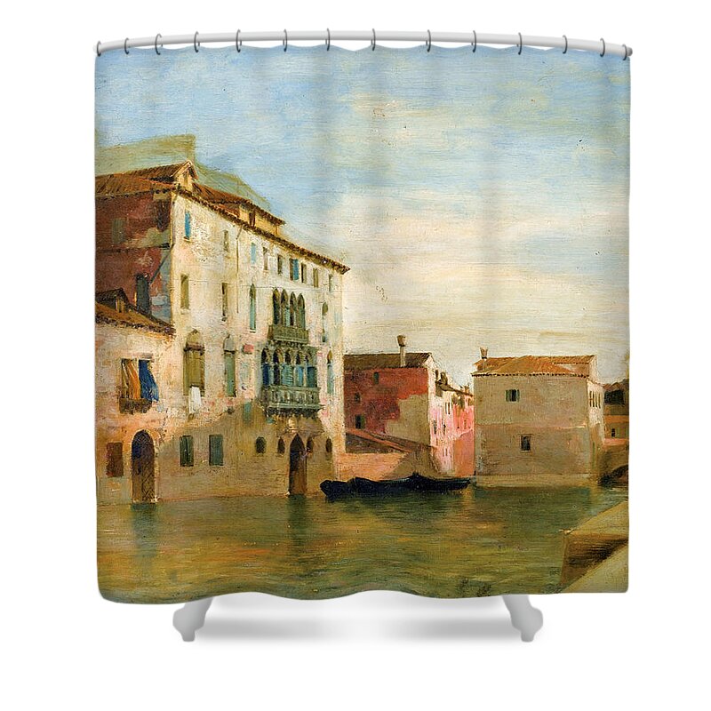 Eugene Fromentin Shower Curtain featuring the painting View of a Canal in Venice by Eugene Fromentin